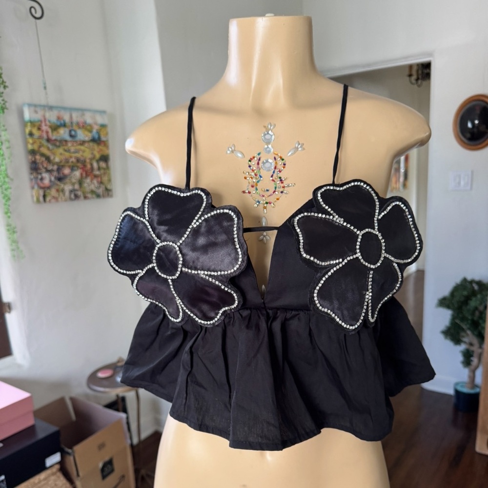 NEW AREA Cropped Open Back Black Camisole Top w/ Floral accents & rhinestones